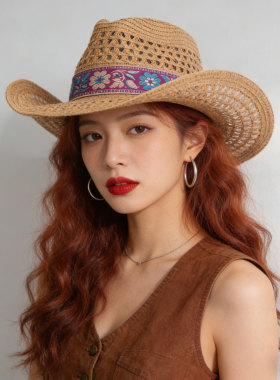 复古民族风刺绣牛仔帽夏季透气镂空草帽防晒遮阳帽西部度假帽子女