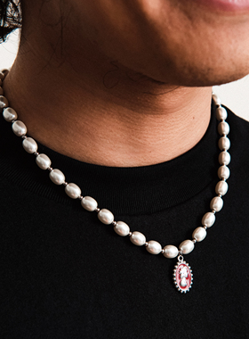 珐琅滴油古钱币吊坠淡水珍珠项链