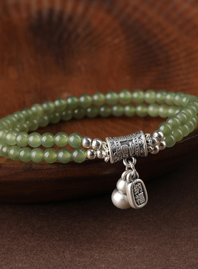 和田玉多圈4MM小米珠子999纯银葫芦招财手链送女友礼物青玉石手串