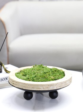 欧式轻奢几何金属洞石圆形永生苔藓盆景桌面盆栽摆件软装家居饰品