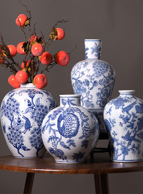 青花瓷花瓶摆件民宿样板房酒店家居客厅中式手绘陶瓷花瓶水培插花