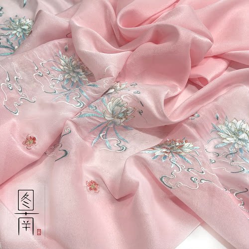 图南古风汉服欧根纱昙花重工绣花布料马面褶裙中国风设计师面料 - 图1