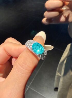 实验室提拉法培育4.76ct帕拉伊巴8*10裸石925银镀金戒指轻奢气质