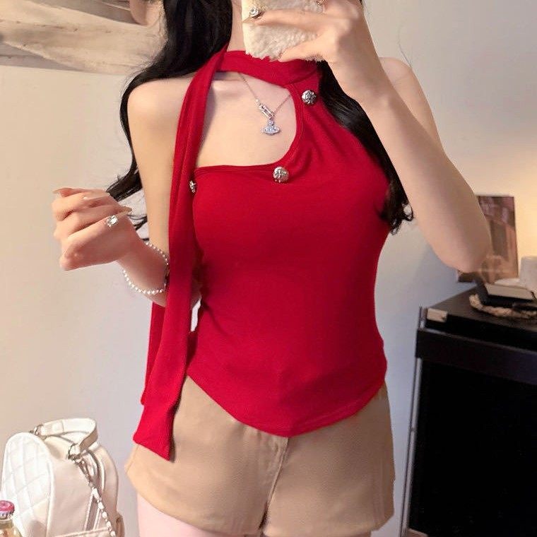 辣妹复古金属扣镂空挂脖背心女夏设计感小众露肩修身无袖打底上衣,淘宝优惠券,粉丝福利购,淘宝优惠卷