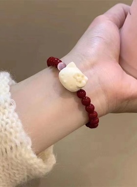 朱砂手镯猫咪手串女生小众气质新中式国风红色复古手链高级感