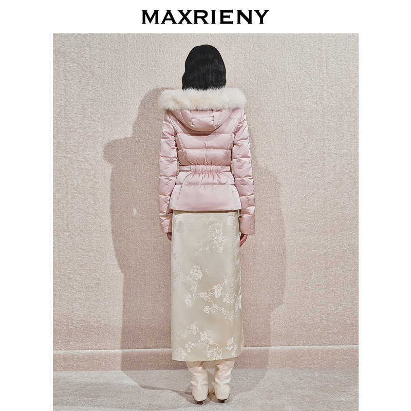 MAXRIENY精致优雅感羽绒服24冬新款毛领装饰收腰连帽保暖外套女