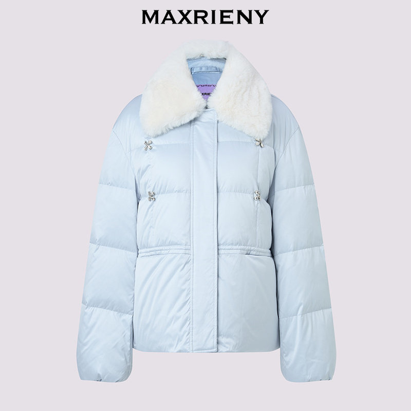 MAXRIENY宽松短款缎面羽绒服女25冬款白鹅绒收腰保暖外套,淘宝优惠券,粉丝福利购,淘宝优惠卷