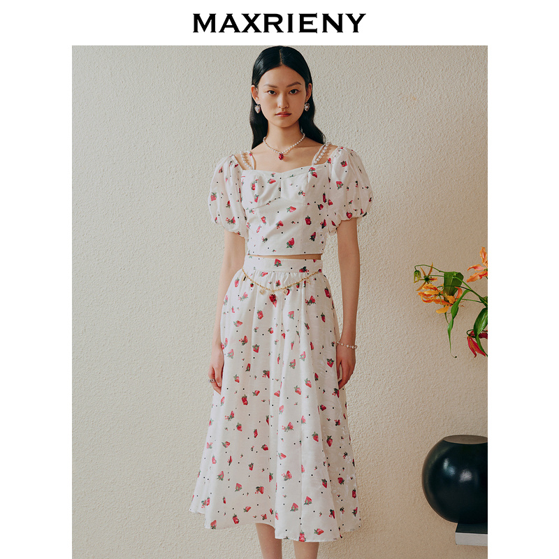 【商场同款】MAXRIENY甜美少女感草莓印花A字半身裙夏日中长裙子 - 图1