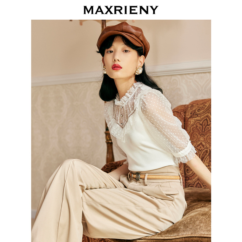 [瓜分百万红包]MAXRIENY植绒波点针织上衣秋半袖白色毛衫设计感-图2
