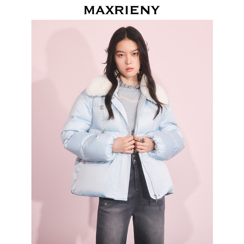 MAXRIENY宽松短款缎面羽绒服女25冬款白鹅绒收腰保暖外套,淘宝优惠券,粉丝福利购,淘宝优惠卷