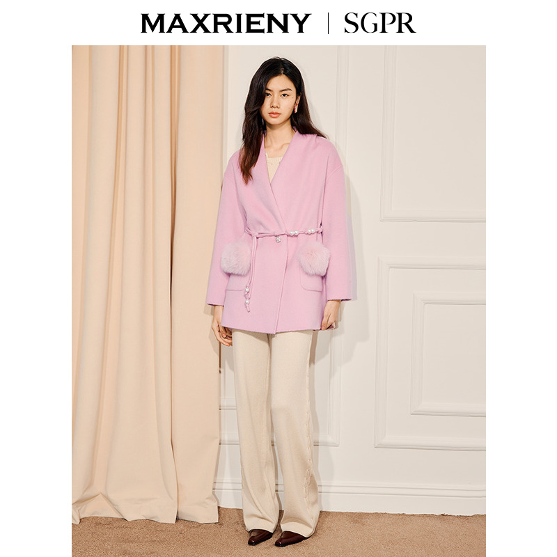 【商场同款】MAXRIENY羊绒羊毛大衣廓形25冬款狐狸毛口袋毛呢外套 - 图0