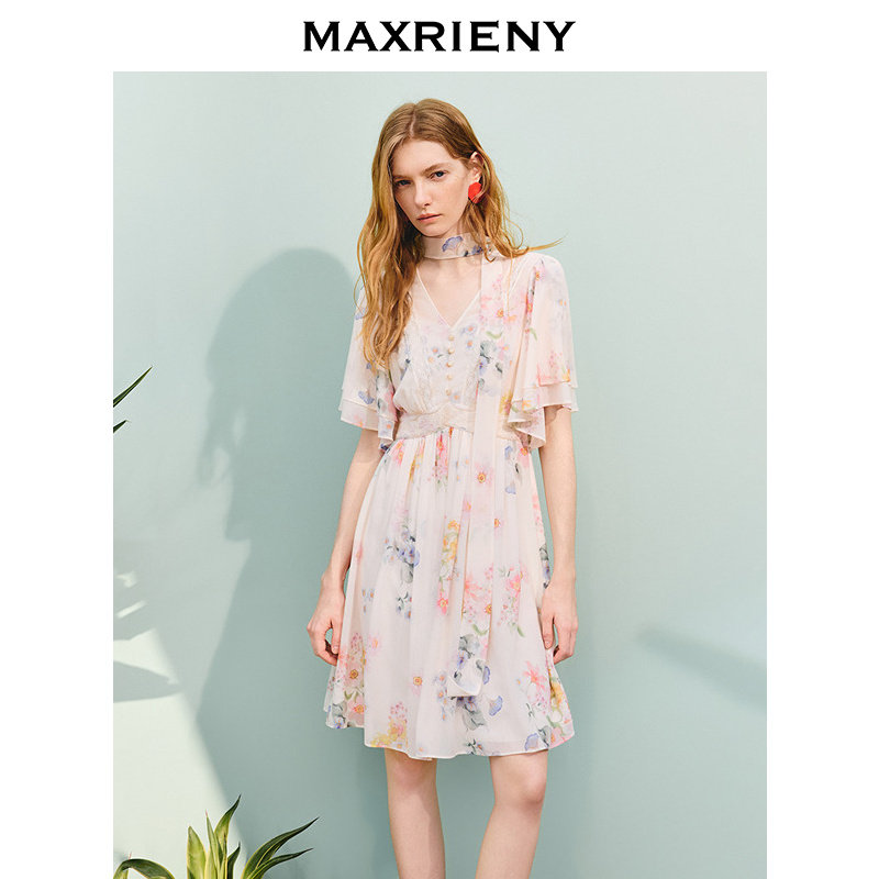 【主题纪念款】MAXRIENY仲夏花园连衣裙度假风飘带荷叶边雪纺裙,淘宝优惠券,粉丝福利购,淘宝优惠卷