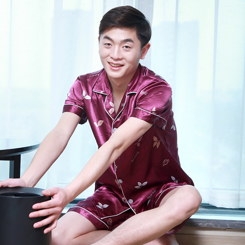 冰丝夏季男士仿真丝绸短袖长裤睡衣 影薇儿睡衣/家居服套装