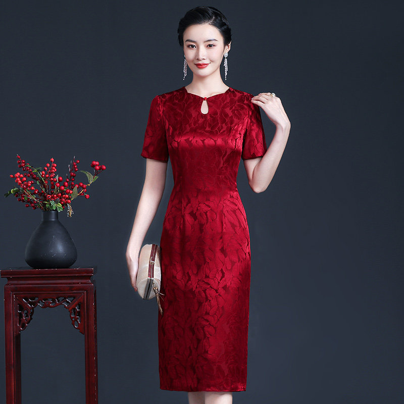 复古桑蚕丝酒红色婚礼宴会妈妈旗袍 lanyuexingchen服饰旗袍