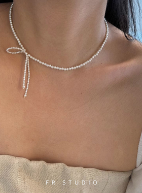 蝴蝶结choker项链银色进口施家珍珠甜美超仙气质百搭锁骨链颈链女