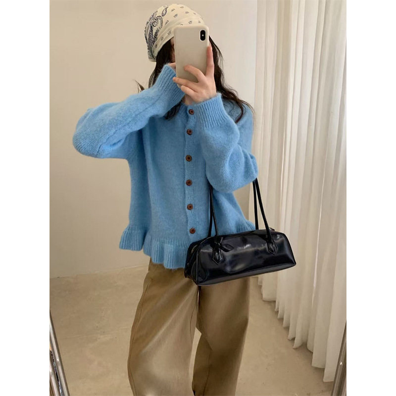 园园美衣圆领毛衣开衫女秋冬2026新款宽松木耳边下摆软糯针织上衣 - 图0