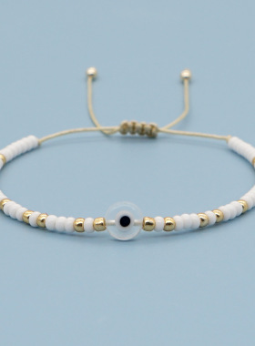 民族风手工编织个性白色琉璃扁眼睛白色米珠女款手链学生闺蜜礼物