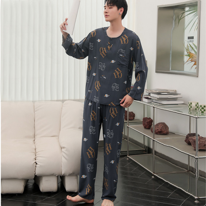 中老年男士春秋人造棉圆领夏睡衣 花丛小妖睡衣/家居服套装