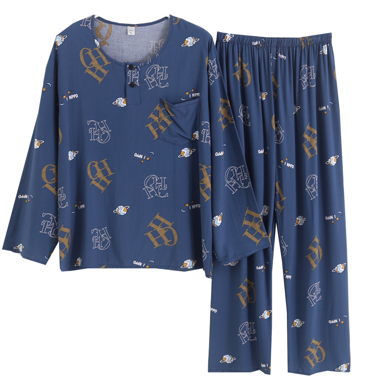 中老年男士春秋人造棉圆领夏睡衣 花丛小妖睡衣/家居服套装