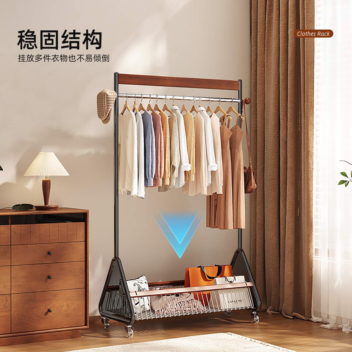 中古风实木挂衣架落地卧室法式衣帽架简约橡木客厅衣服包包置物架 - 图2