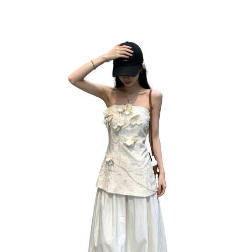 HUAX 纯欲风立体花瓣抹胸背心女装夏季小众收腰显瘦露肩百搭上衣 - 图3