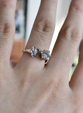 可调节锆石开口泰银戒指复古花朵