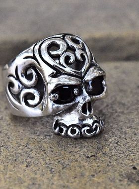 进口925纯银男女朋克潮款镶黑钻镂空海浪纹骷髅头泰银戒嘻哈指环