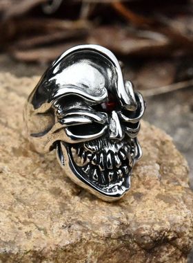 进口男士925纯银朋克骷髅头戒指