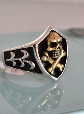 男女复古朋克银铜混搭骨棒骷髅头盾牌泰银戒指925纯银小众款指环