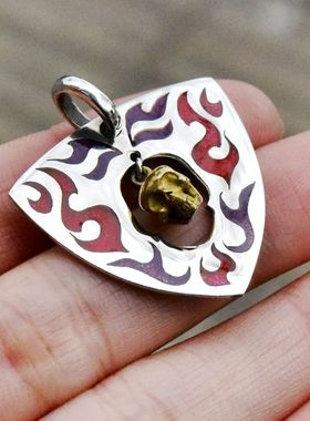 男女潮朋克摇滚烤漆火焰骷髅头拨片造型泰银吊坠925纯银项链挂件