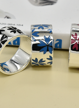 进口中性款925纯银樱花宽版戒指