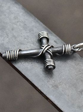 进口中性款925纯银捆绑十字架坠