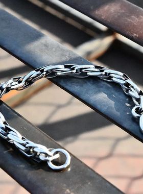 清迈手工男士复古挂钩朋克款编织椭圆环泰银手链925纯银大码手环