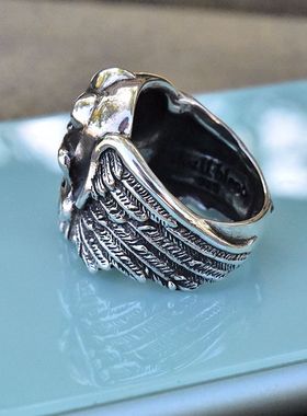 泰国进口锚花印章翅膀大颗骷髅头天使之翼男朋克泰银戒指925纯银
