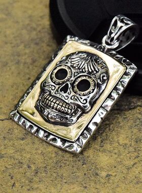 gv男士朋克银铜混搭骷髅头方牌泰银吊坠925纯银重工军牌项链挂件