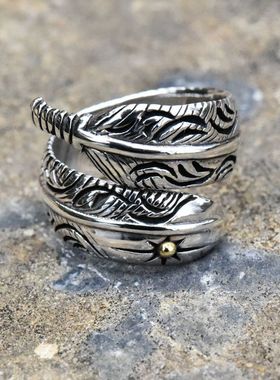 进口男士925纯银羽毛开口戒指