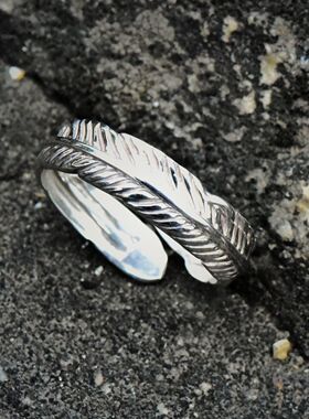 进口中性款925纯银羽毛开口戒指