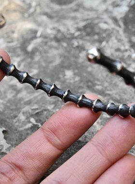 暗黑竹节朋克开口手镯纯银手环