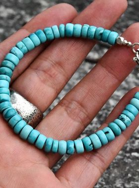 925纯银配件女款天然无优化原矿高瓷绿松石算盘珠间隔珠手串手链