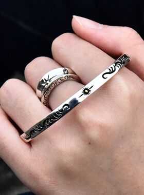 进口男女款925纯银复古花纹手镯