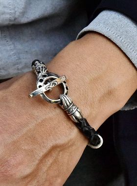 进口男士925纯银桶珠牛皮手链