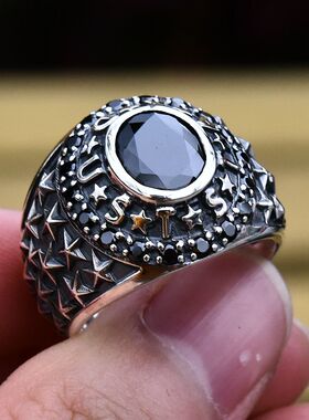 进口男士925纯银镶钻五星宽戒指