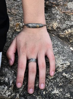 复古做旧印第安羽毛纯银花纹戒指