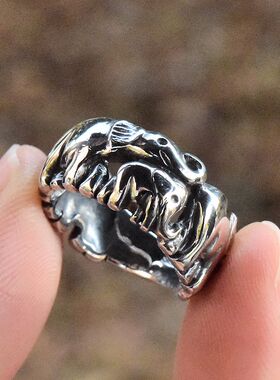 进口女士925纯银复古小象戒指