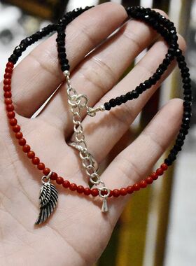 女士纯银吊坠黑红水晶翅膀调节链