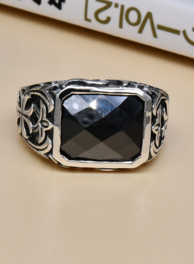 *泰国进口，切面黑玛瑙方钻男士气质复古泰银戒指，925纯银指环