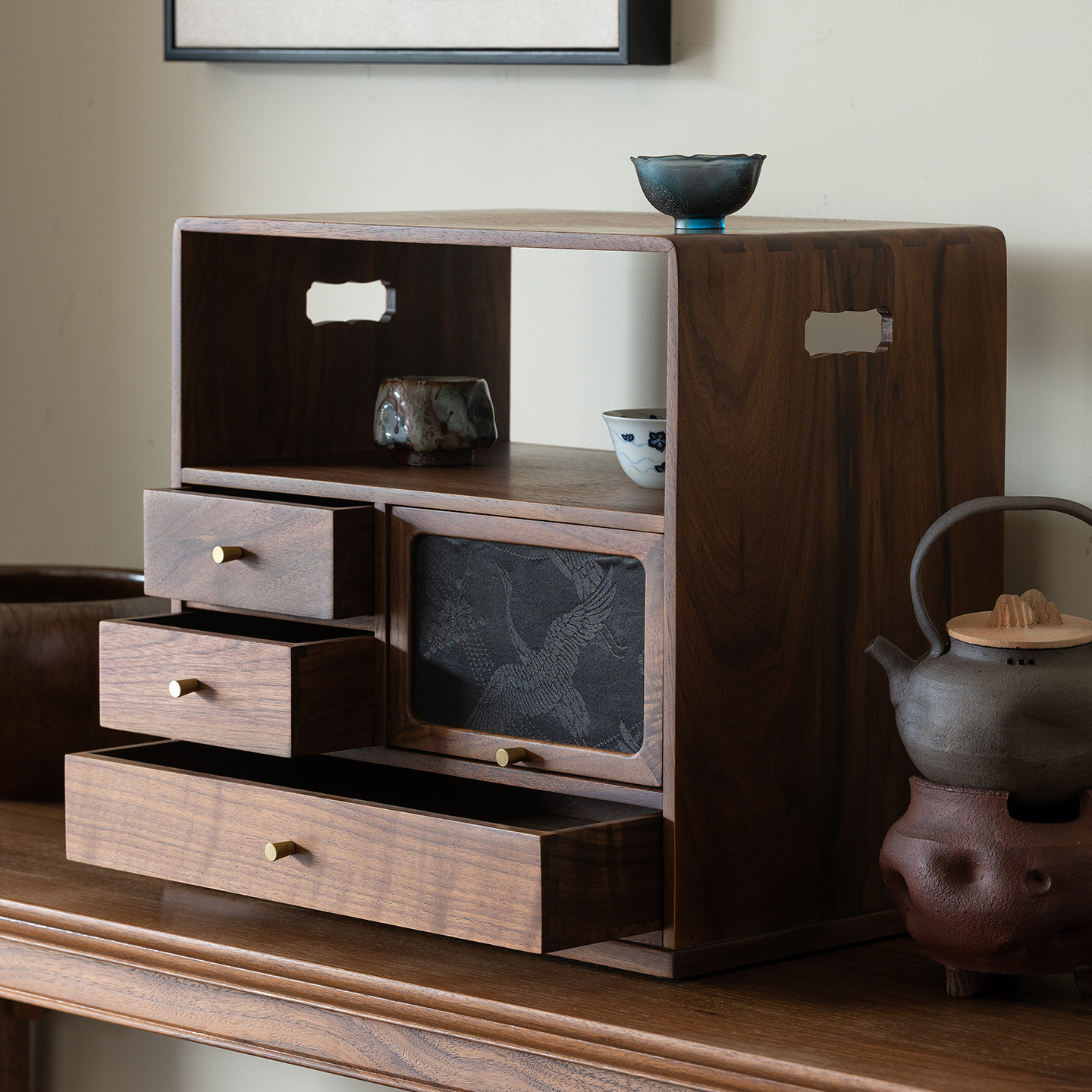 Zhenmuqiyu black walnut tea set display storage cabinet