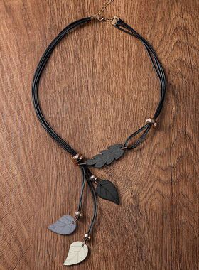 波西米亚民族风木质树叶吊坠项链复古女式跨境新款流行饰品