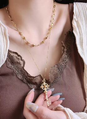 金色虎眼石钥匙爱心双层叠戴项链女小众时尚轻奢高级感毛衣链颈链