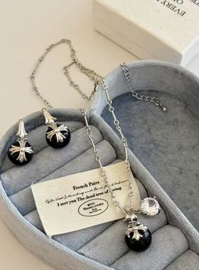 日系暗黑圆珠甜酷十字架耳钉棍链项链小众个性甜酷气质耳饰锁骨链